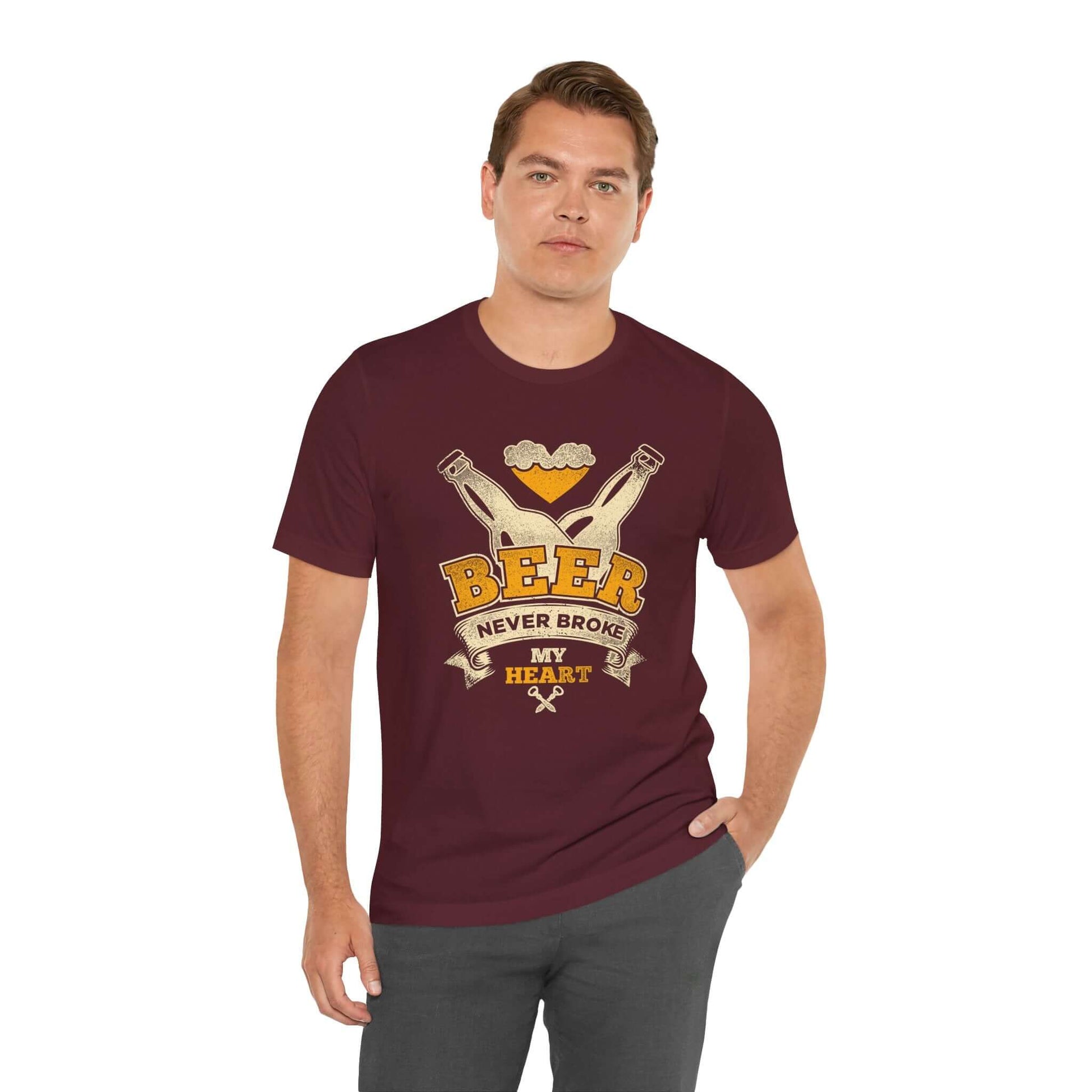 Maroon men’s T-shirt with “BEER” BBQ graphic and “Never Broke My Heart” text