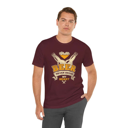 Maroon men’s T-shirt with “BEER” BBQ graphic and “Never Broke My Heart” text