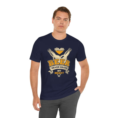 Navy men’s T-shirt with “BEER” BBQ graphic and “Never Broke My Heart” text