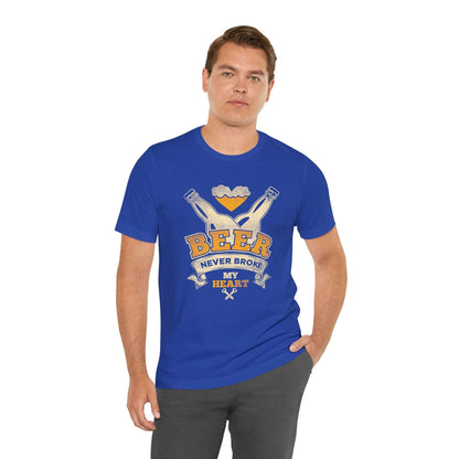 True royal blue men’s T-shirt with “BEER” BBQ graphic and “Never Broke My Heart” text
