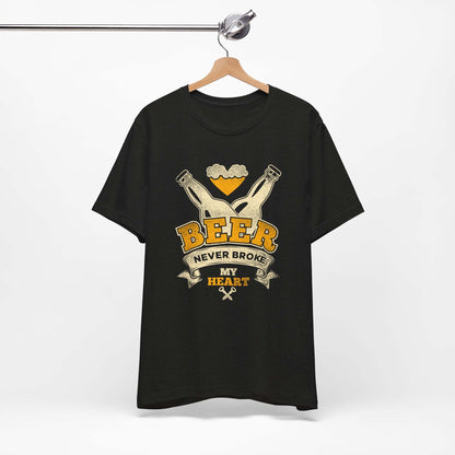 Black T-shirt front with “BEER” BBQ graphic and “Never Broke My Heart” text