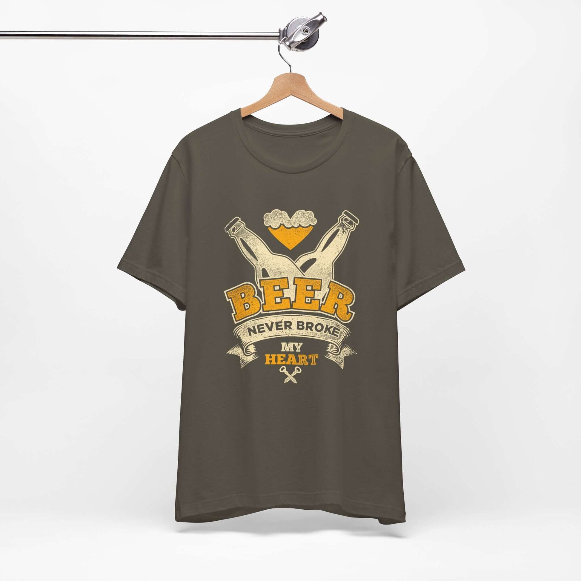 Dark grey T-shirt front with “BEER” BBQ graphic and “Never Broke My Heart” text