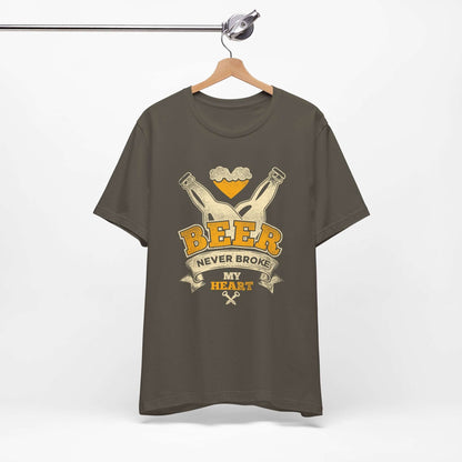 Dark grey T-shirt front with “BEER” BBQ graphic and “Never Broke My Heart” text