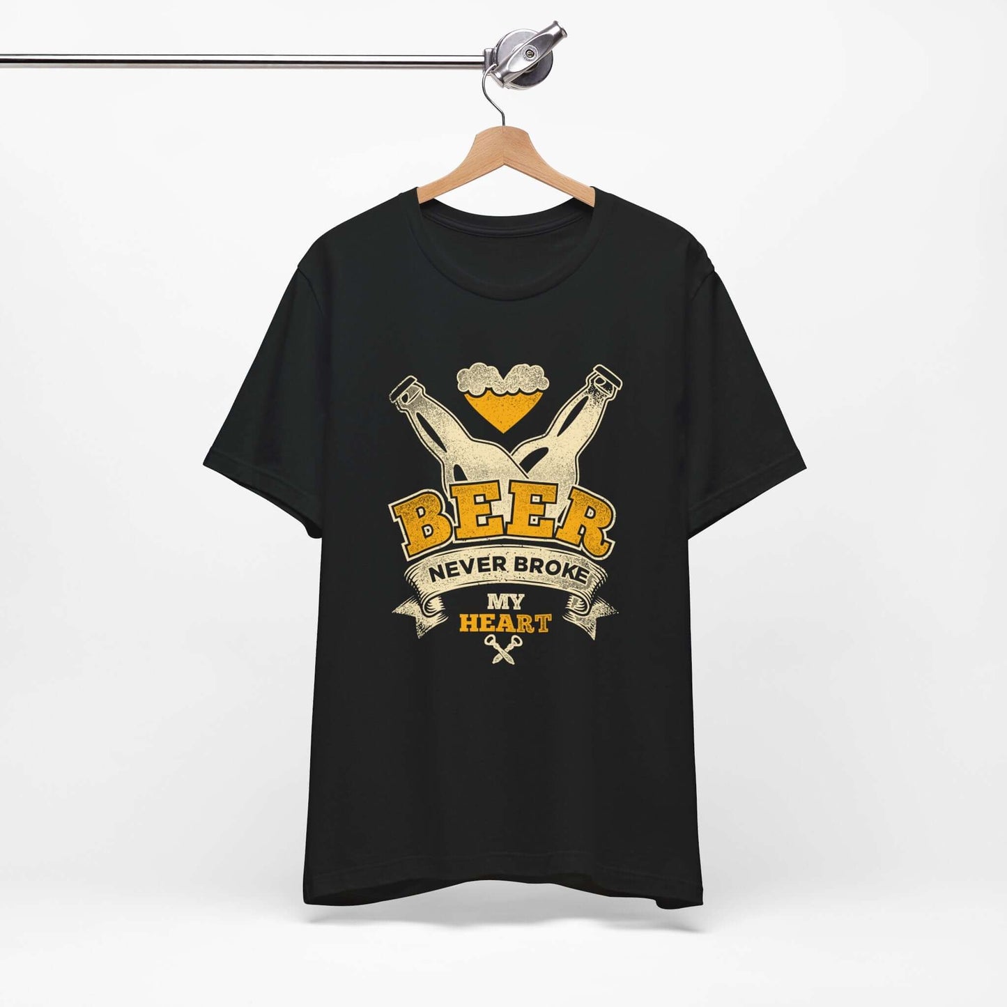 Black beer-themed T-shirt with crossed bottles and 'BEER' graphic on front