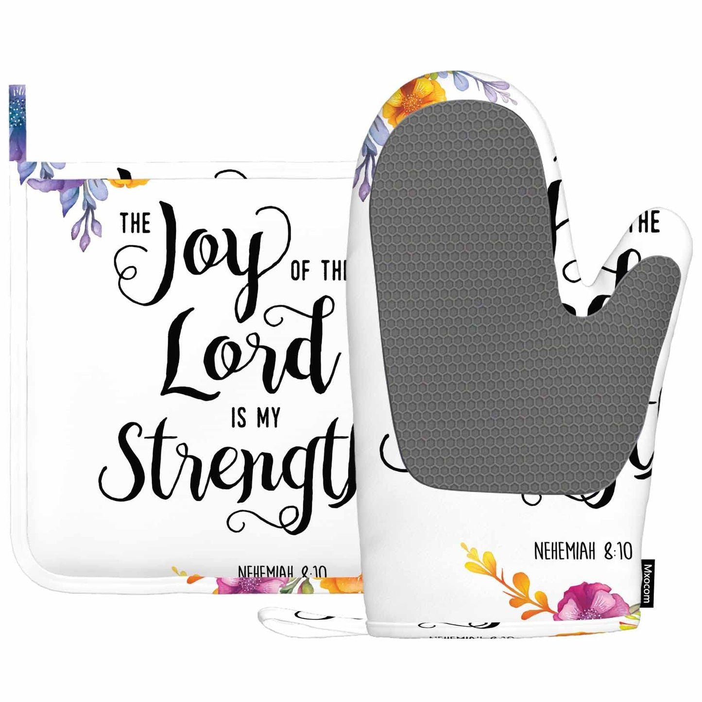 Silicone oven mitt featuring gray honeycomb texture and floral trim on white cuff