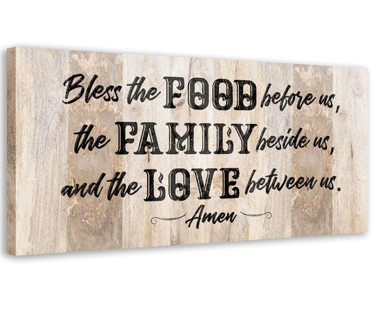 Beige textured canvas wall art with 'Bless the FOOD... Amen' in black script