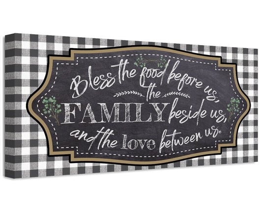 Canvas wall art with black gingham background and dark family quote sign lettering