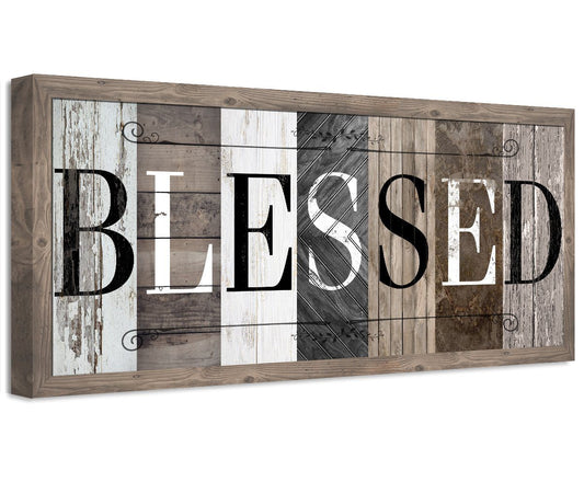 Framed wall canvas with large “BLESSED” text over multi-panel wood-pattern background.