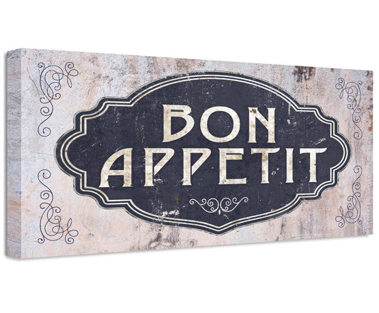 Bon Appetit canvas print with navy and tan oval label on beige textured background