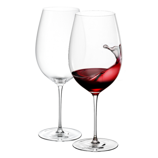 Hand-blown stemmed wine glasses, set of 2, with dark red wine