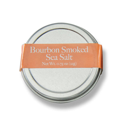 Bourbon smoked sea salt tin lid with orange label and net wt marking