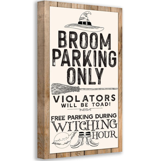 Canvas wall art with wooden-look frame showing "BROOM PARKING ONLY" text