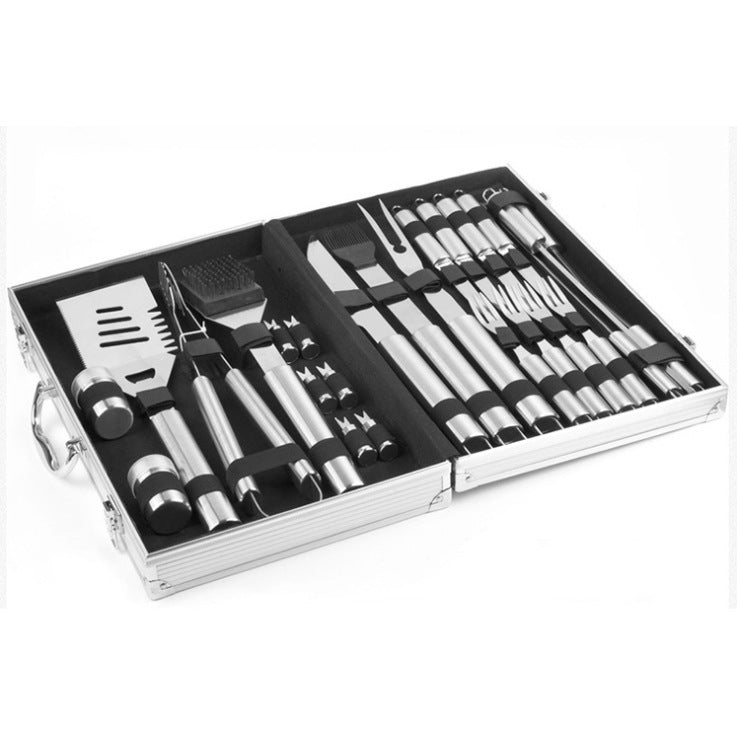 BBQ grill tool set in open aluminum case with stainless grilling tools neatly arranged