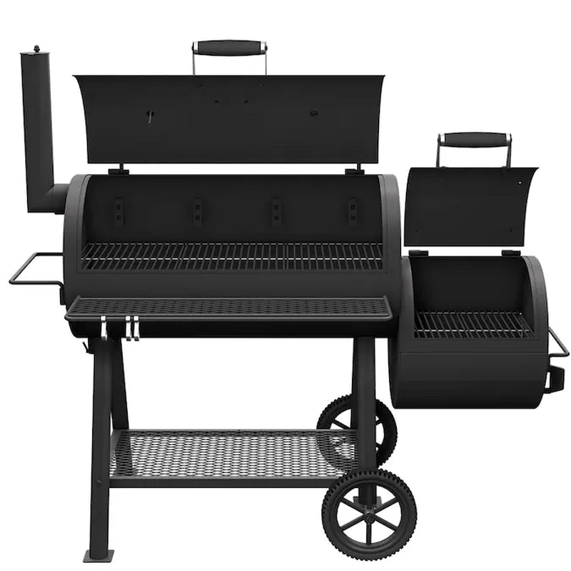 Black offset barrel smoker with open lid, front and side cooking grates, cart wheels