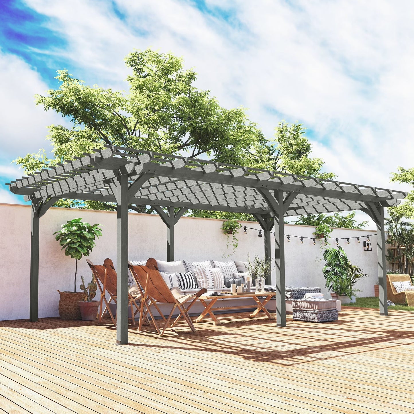 Gray wooden pergola with louvered roof over patio seating and potted plants