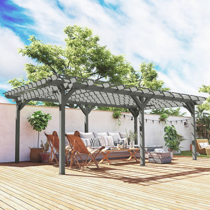 Gray wooden pergola with louvered roof over patio seating and potted plants