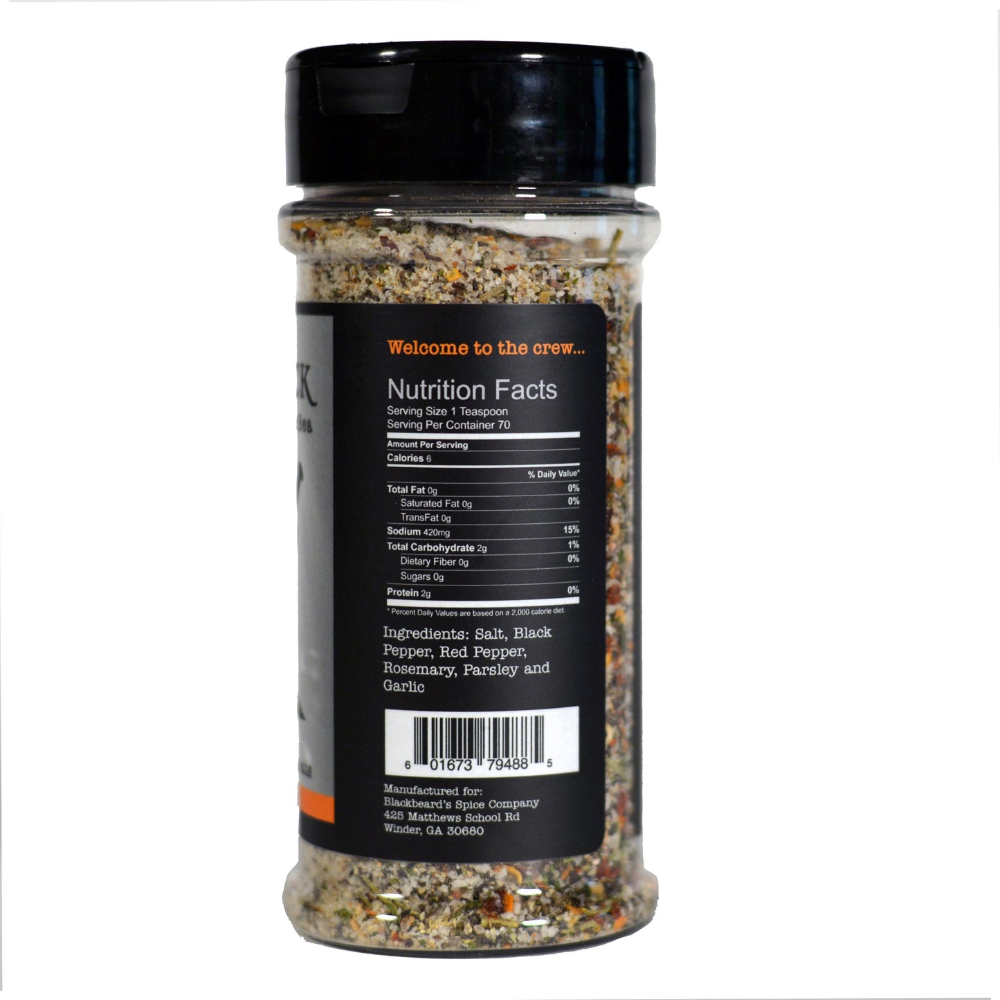 Calico Jack seasoning bottle with Nutrition Facts panel, clear spice blend, black cap