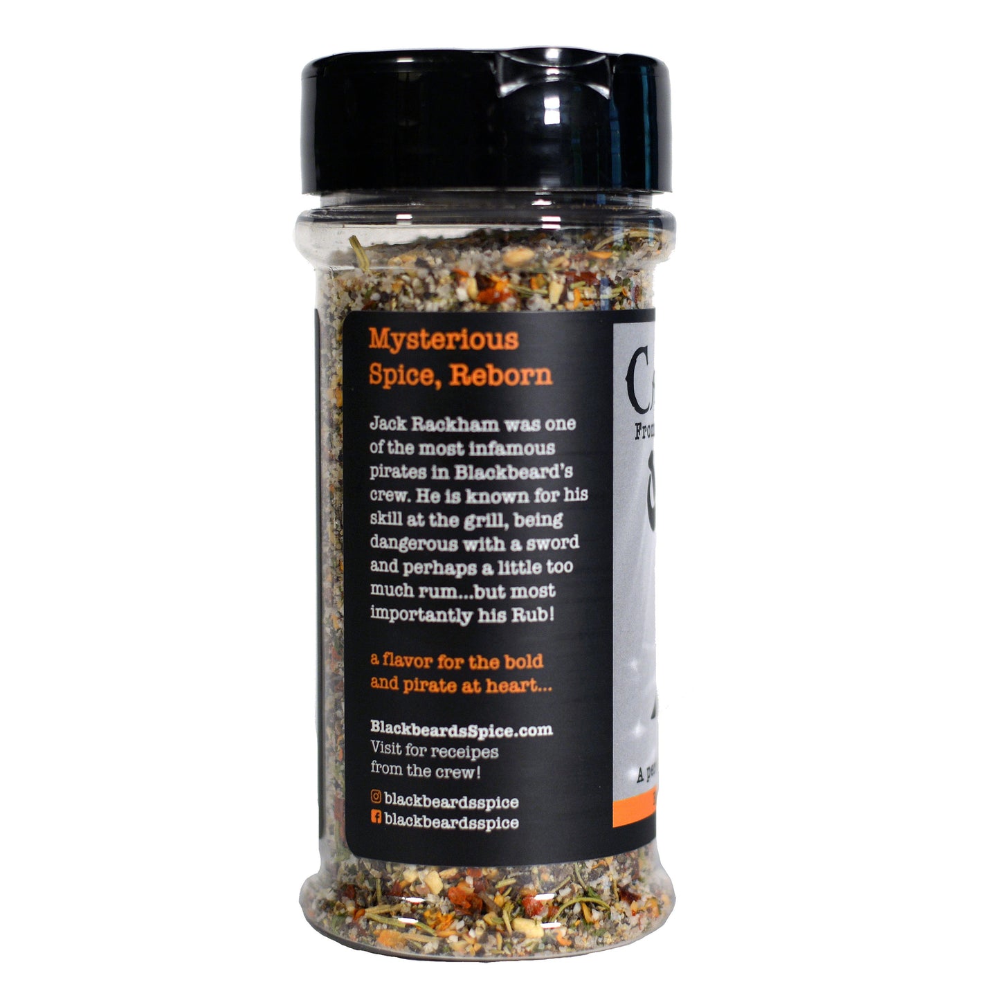 Calico Jack seasoning bottle with back label text, clear pepper blend, black cap