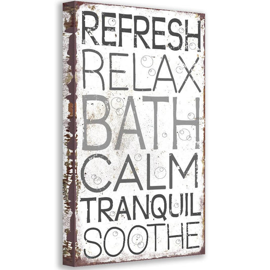 Distressed typography wall canvas: REFRESH RELAX BATH CALM TRANQUIL SOOTHE