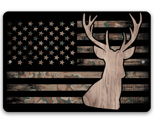 Rectangular metal sign with camo American flag background and deer head silhouette, dark finish