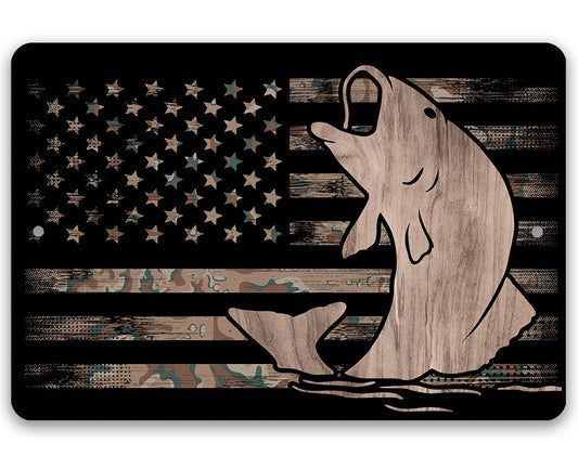 Camouflage American flag fishing metal sign with bear and star-and-stripe shield design