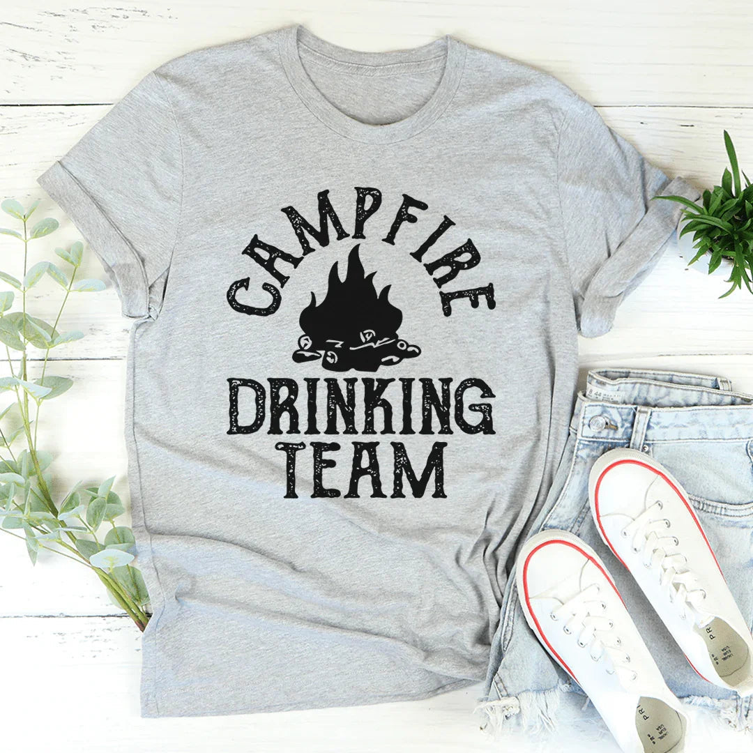 Heather gray crewneck graphic tee with campfire icon and 'Campfire Drinking Team' print