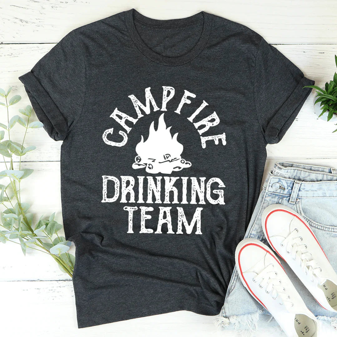 Dark gray crewneck graphic tee with white campfire icon and 'Campfire Drinking Team' lettering