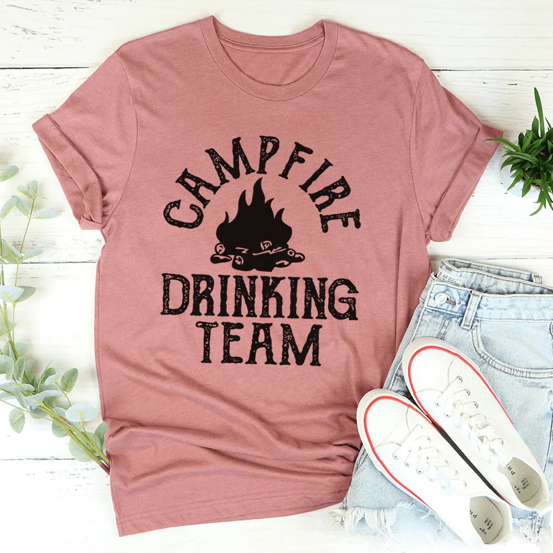 Mauve crewneck graphic tee with campfire icon and 'Campfire Drinking Team' text