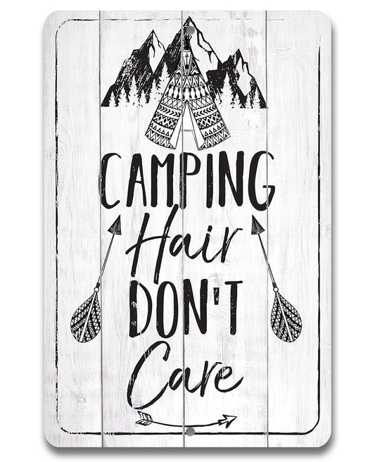 Aluminum camping metal sign with pine trees and text: Camping Hair Don't Care