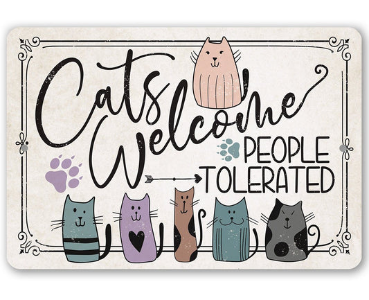 Cat welcome metal sign with five cartoon cats and 'People Tolerated' text