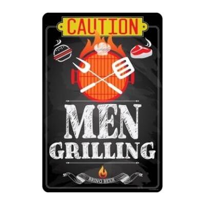 Men Grilling metal sign with “CAUTION” header and crossed grilling tools graphic