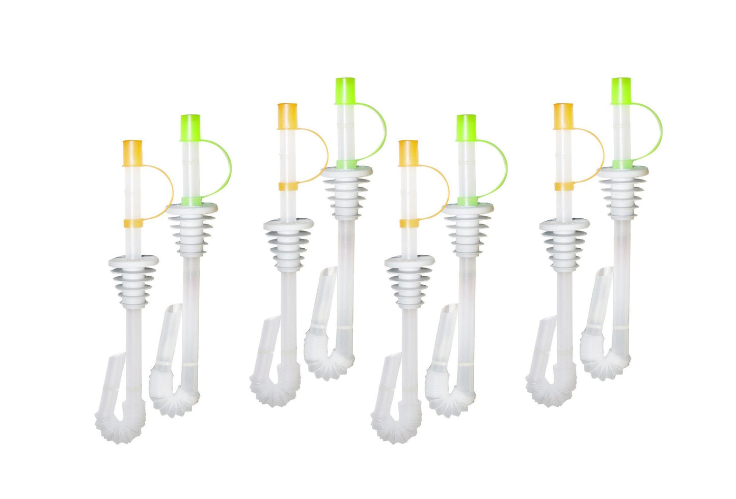 Spill-proof soda seal straws set, clear tubes with green caps and yellow tips