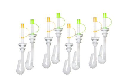 Spill-proof soda seal straws set, clear tubes with green caps and yellow tips