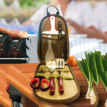 Outdoor BBQ tool set open in olive green case with stainless utensils and red-handled tools