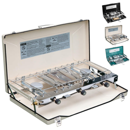 Beige 3-burner portable propane stove with front knobs and open cooking surface
