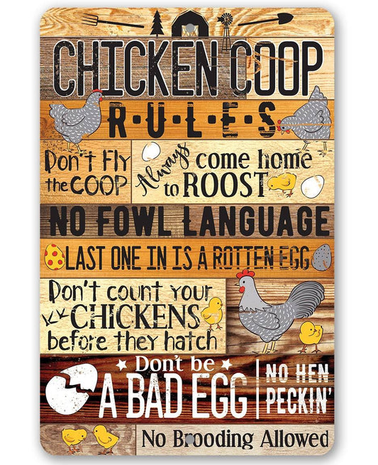 Chicken coop rules metal sign with rustic “CHICKEN COOP RULES” text and farm icons