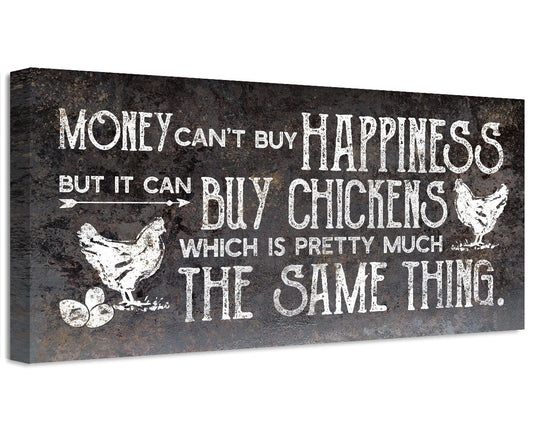 Stretched canvas wall art with distressed text and white chicken graphic