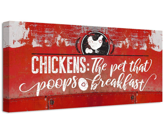 Red distressed canvas with chicken emblem and 'Chickens: The pet that poops' title