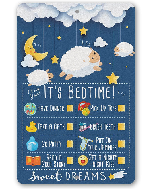 Child bedtime metal sign with moon, stars, sheep clouds, and “It’s Bedtime” text