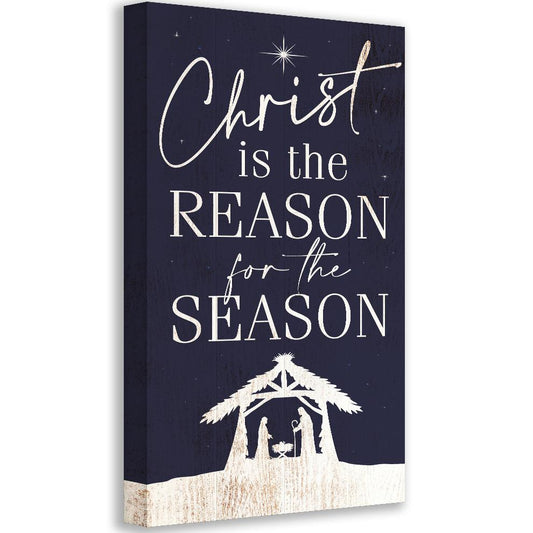 Navy canvas wall art with 'Christ is the Reason for the Season' and nativity