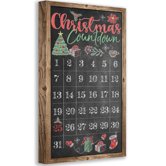 Framed Christmas countdown canvas with numbered dates, tree, gifts, and stockings