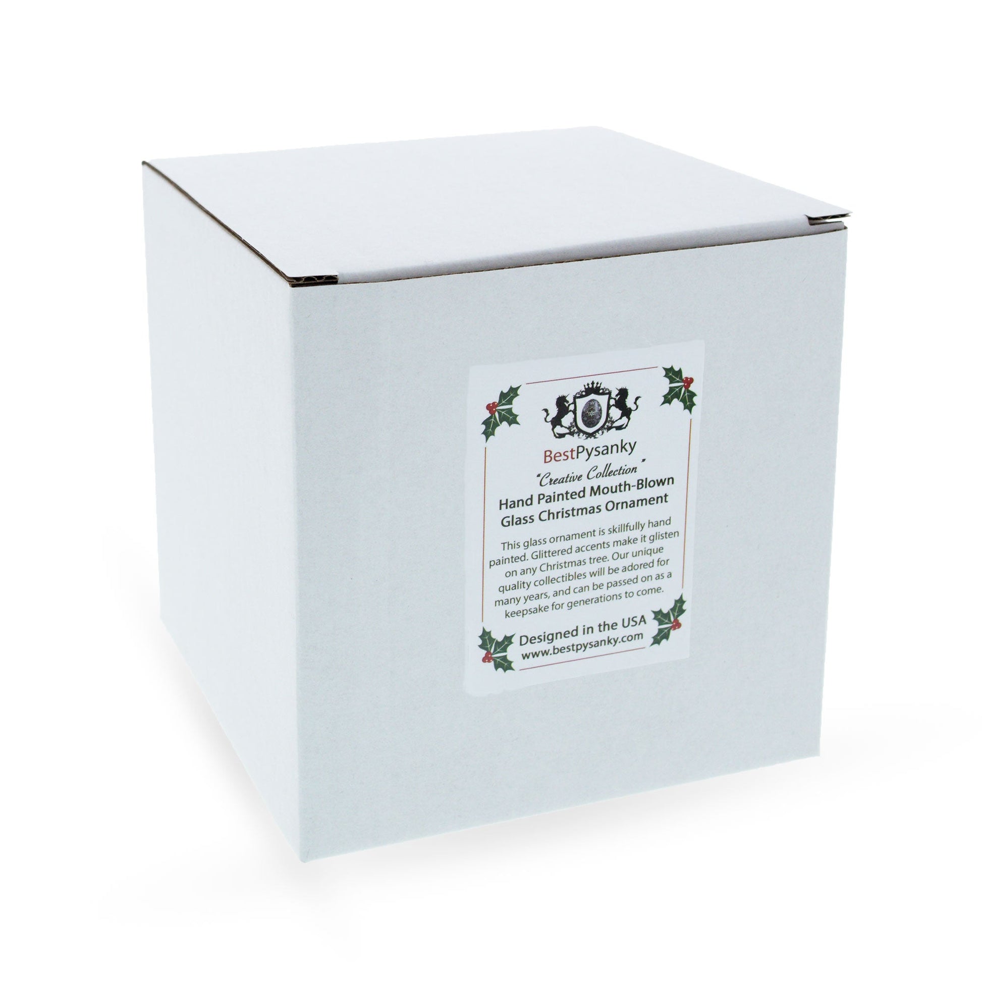 White gift box with Christmas ornament product label and BestPysanky logo