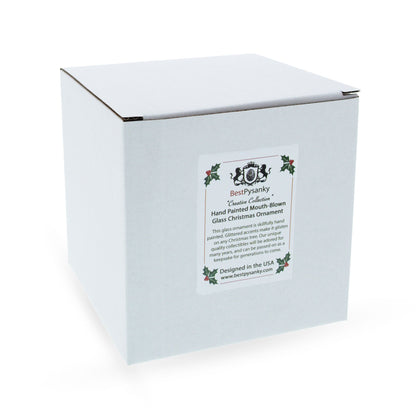 White gift box with Christmas ornament product label and BestPysanky logo