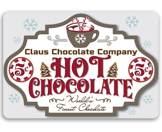 Hot chocolate metal sign with coffee cup, hot chocolate text, and snowflake border