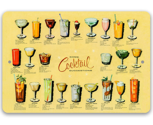 Yellow cocktail suggestions metal sign with illustrated drink glasses and "Cocktail" script.