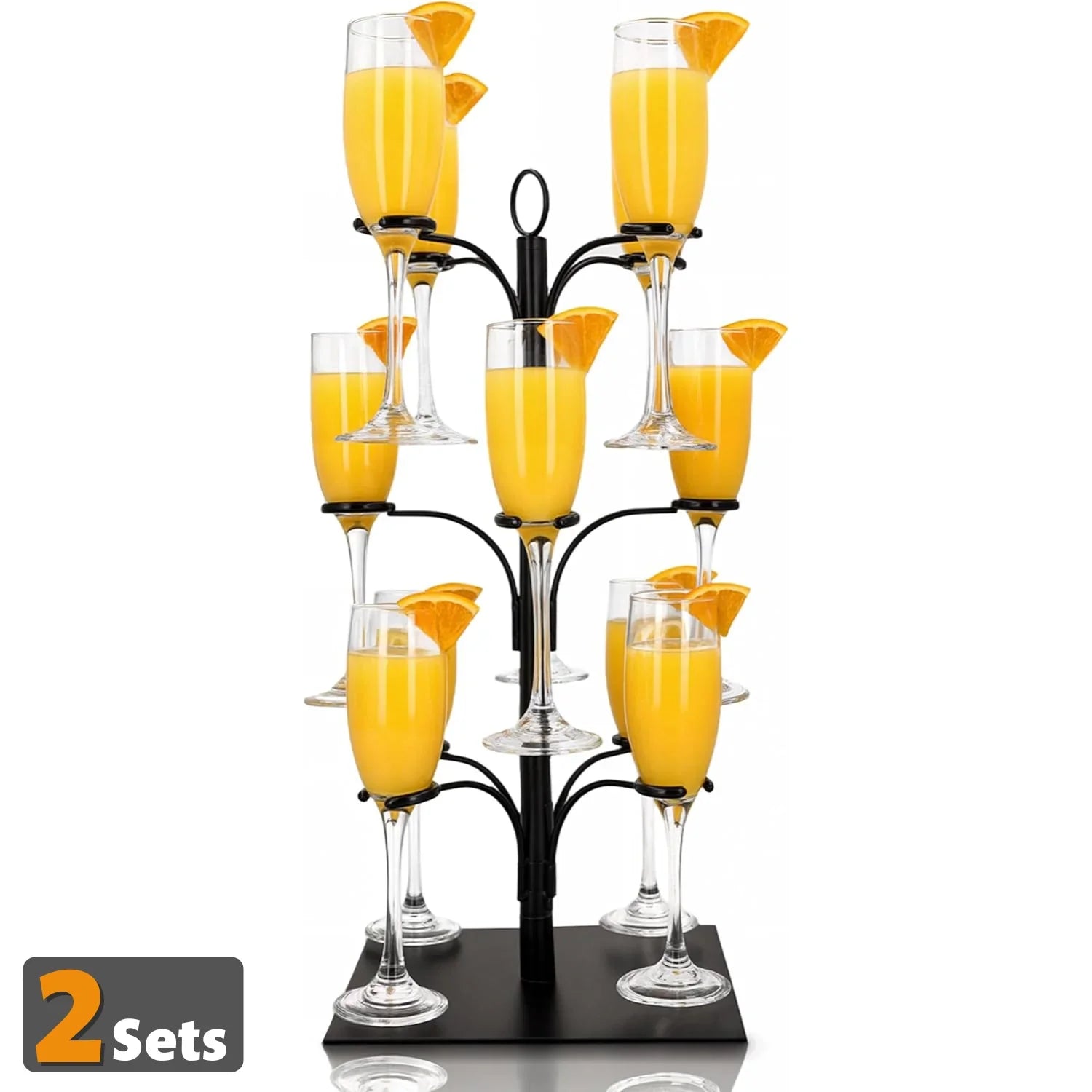 Cocktail tree stand with black base and eight clear glasses filled with yellow drinks