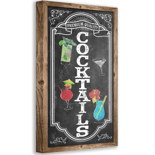 Cocktails canvas wall art in a wood-look frame with cocktail drinks on a dark background