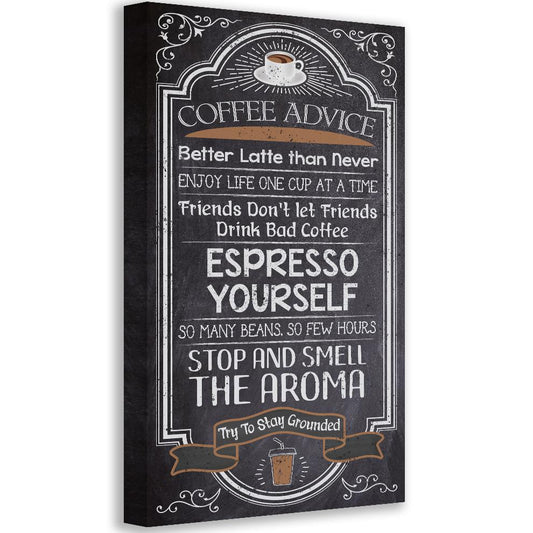 Black Coffee Advice canvas print with espresso-themed typography and decorative border