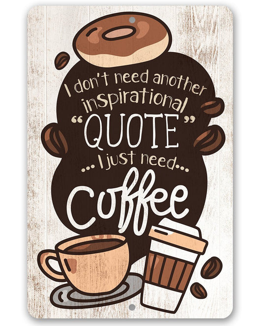 Coffee quote metal sign with cartoon bean, cup, and mug, rustic cream design