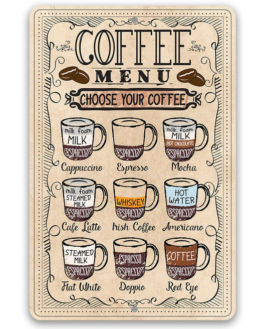 Coffee menu metal sign with cups and drink names on light beige background